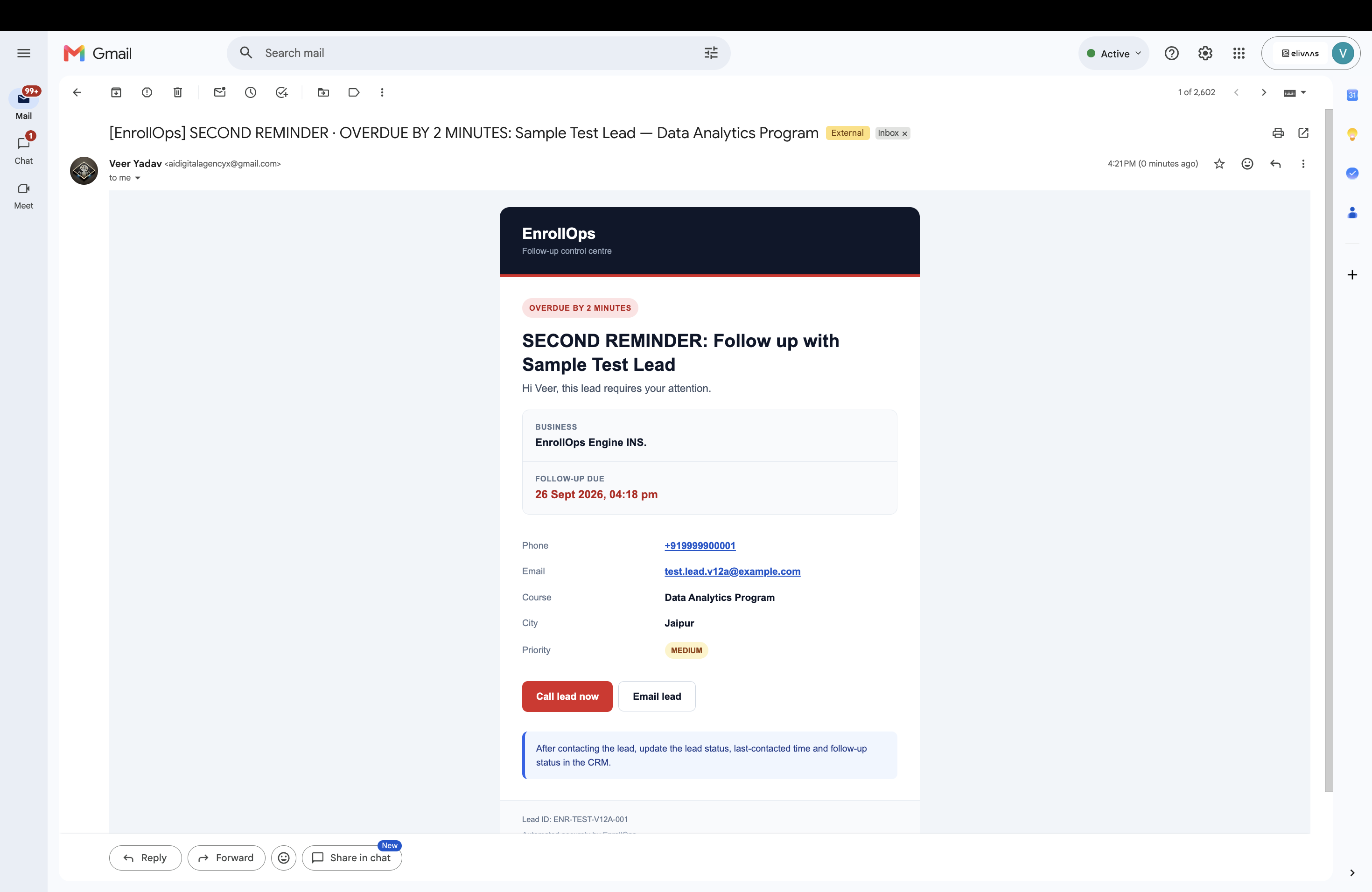 Second reminder email for Sample Test Lead, with overdue state and team actions.